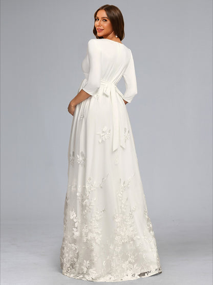 Robe de Mariée de Maternité en Dentelle Ligne A/Princesse, Col en V & Manches 3/4, Longueur Sol, avec Nœud Papillon