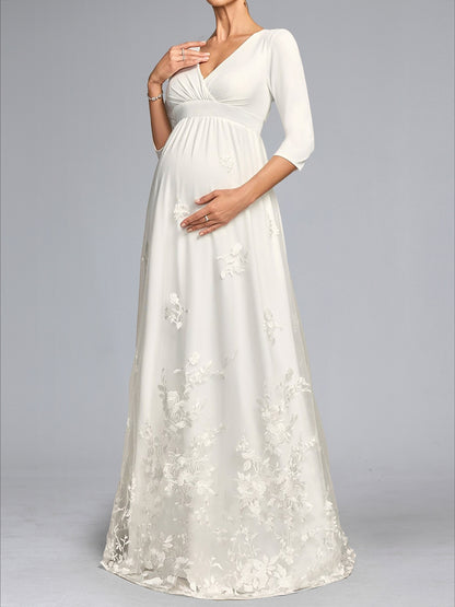 Robe de Mariée de Maternité en Dentelle Ligne A/Princesse, Col en V & Manches 3/4, Longueur Sol, avec Nœud Papillon