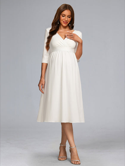 Ligne A/Princesse Col en V 3/4 Manches Longueur Thé Robe de Mariée Maternité avec Noeud Papillon