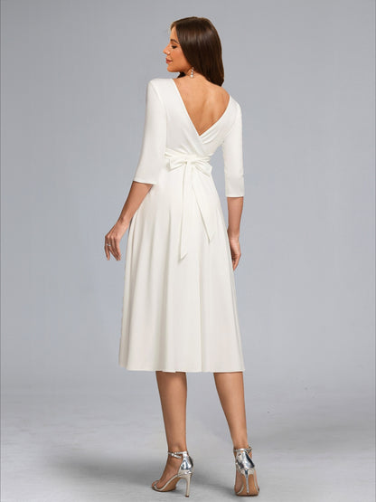 Robe de Mariée de Maternité Ligne A/Princesse, Col en V & Manches 3/4, Longueur Thé, avec Nœud Papillon
