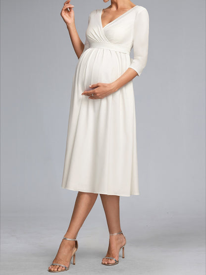 Robe de Mariée de Maternité Ligne A/Princesse, Col en V & Manches 3/4, Longueur Thé, avec Nœud Papillon