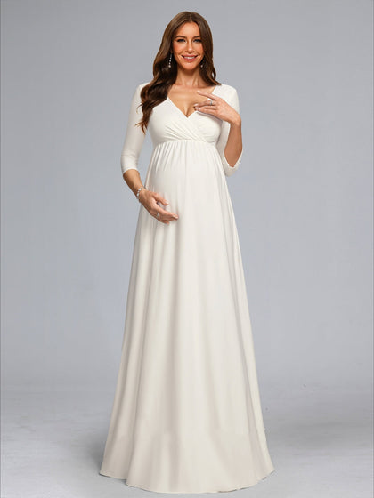 Ligne A/Princesse Col en V 3/4 Manches Longueur du Sol Robe de Mariée Maternité avec Noeud Papillon