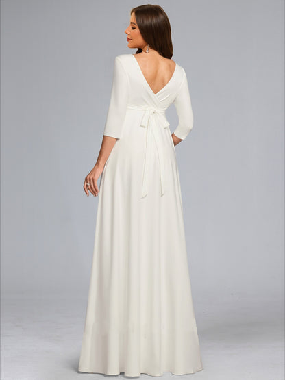Robe de Mariée de Maternité Ligne A/Princesse, Col en V & Manches 3/4, Longueur Sol, avec Nœud Papillon