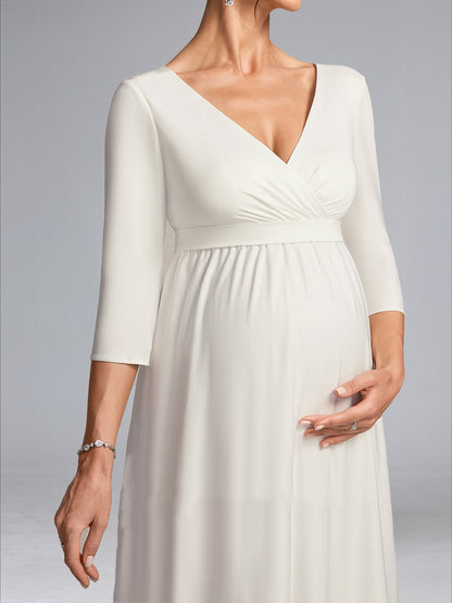 Robe de Mariée de Maternité Ligne A/Princesse, Col en V & Manches 3/4, Longueur Sol, avec Nœud Papillon