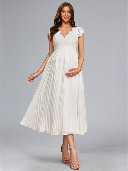 Ligne A/Princesse Col en V Longueur Thé Mousseline Plissée Robe de Mariée Maternité avec Dentelle