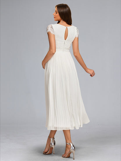 Robe de Mariée de Maternité en Mousseline Plissée Ligne A/Princesse, Col en V, Longueur Thé, avec Dentelle