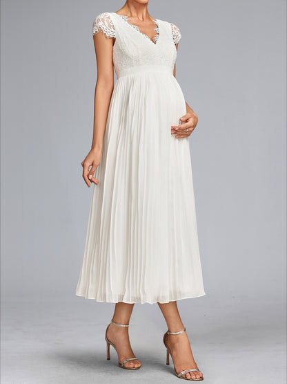 Robe de Mariée de Maternité en Mousseline Plissée Ligne A/Princesse, Col en V, Longueur Thé, avec Dentelle