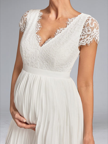 Robe de Mariée de Maternité en Mousseline Plissée Ligne A/Princesse, Col en V, Longueur Thé, avec Dentelle