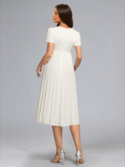 Robe de Mariée de Maternité Ligne A/Princesse Plissée, Col en V & Manches Courtes, Longueur Thé, avec Ceinture