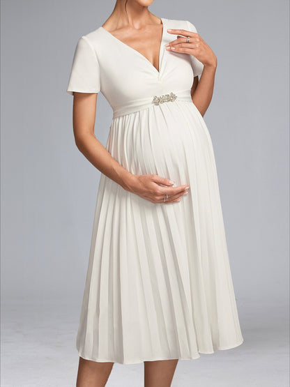 Robe de Mariée de Maternité Ligne A/Princesse Plissée, Col en V & Manches Courtes, Longueur Thé, avec Ceinture