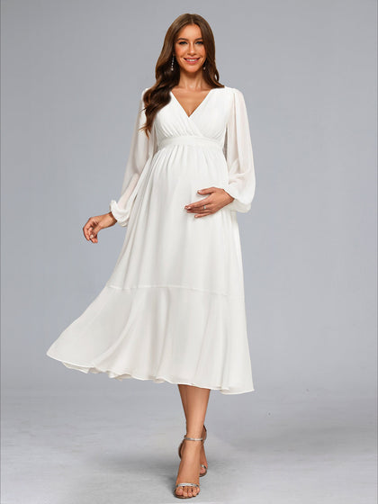 Ligne A/Princesse Col en V Longueur Thé Manches Longues Mousseline Robe de Mariée Maternité avec Noeud Papillon