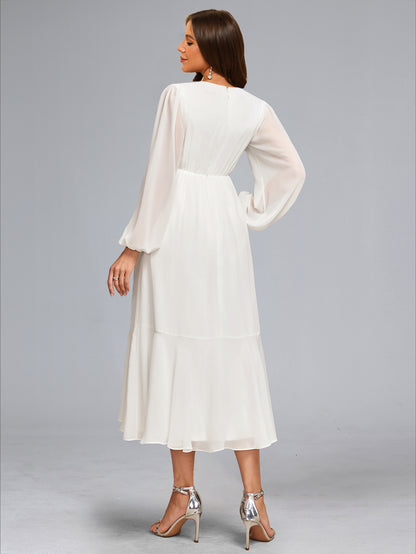 Robe de Mariée de Maternité en Mousseline Ligne A/Princesse, Col en V & Manches Longues, Longueur Thé, avec Nœud Papillon