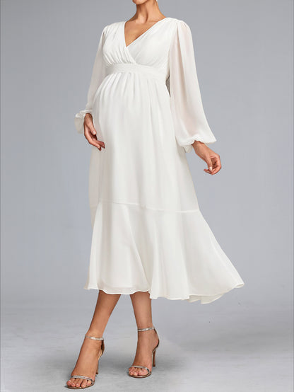 Robe de Mariée de Maternité en Mousseline Ligne A/Princesse, Col en V & Manches Longues, Longueur Thé, avec Nœud Papillon