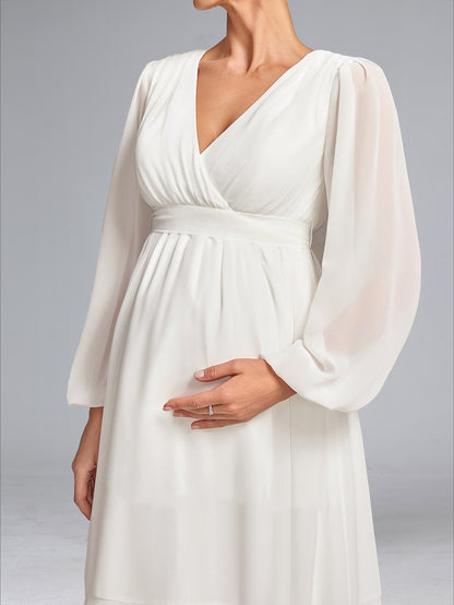 Robe de Mariée de Maternité en Mousseline Ligne A/Princesse, Col en V & Manches Longues, Longueur Thé, avec Nœud Papillon