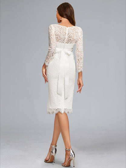 Robe de Mariée de Maternité en Dentelle Gaine/Colonne, Col Rond & Manches Longues, Longueur Thé, avec Nœud Papillon