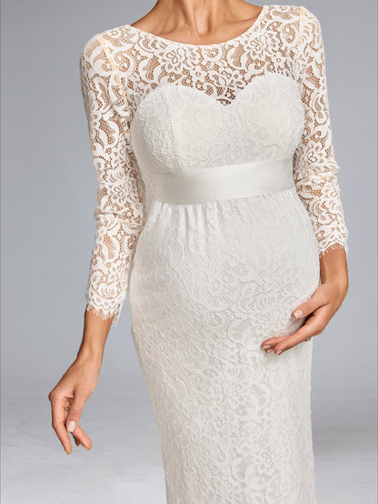 Robe de Mariée de Maternité en Dentelle Gaine/Colonne, Col Rond & Manches Longues, Longueur Thé, avec Nœud Papillon