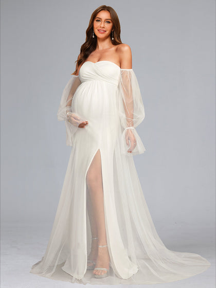Ligne A/Princesse Chérie Traîne Balayette Manches Longues Tulle Robe de Mariée Maternité avec Fente Latérale