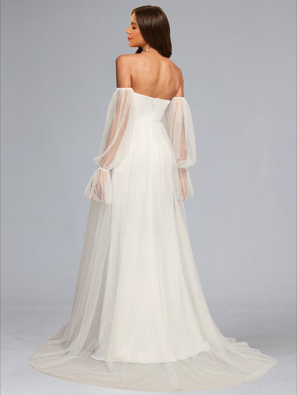 Robe de Mariée de Maternité en Tulle Ligne A/Princesse, Col Cœur & Manches Longues, Traîne Balai & Fente Latérale