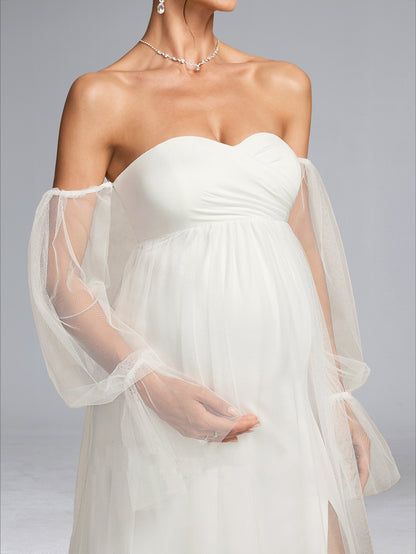 Robe de Mariée de Maternité en Tulle Ligne A/Princesse, Col Cœur & Manches Longues, Traîne Balai & Fente Latérale