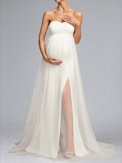 Robe de Mariée de Maternité en Tulle Ligne A/Princesse, Col Cœur & Manches Longues, Traîne Balai & Fente Latérale