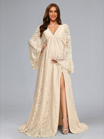 Robe de Mariée de Maternité en Dentelle Ligne A/Princesse, Col en V & Manches Longues, Traîne Balai & Fente Latérale