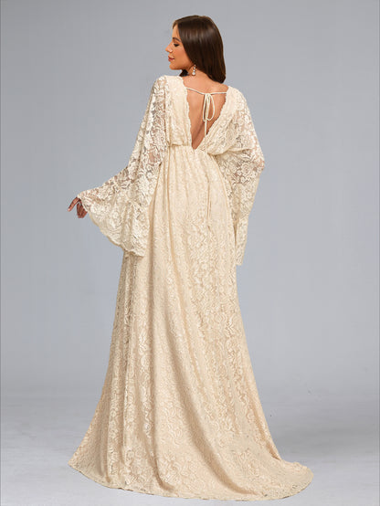 Robe de Mariée de Maternité en Dentelle Ligne A/Princesse, Col en V & Manches Longues, Traîne Balai & Fente Latérale
