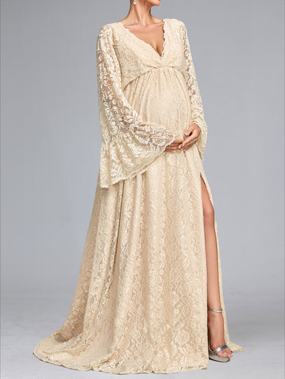 Robe de Mariée de Maternité en Dentelle Ligne A/Princesse, Col en V & Manches Longues, Traîne Balai & Fente Latérale
