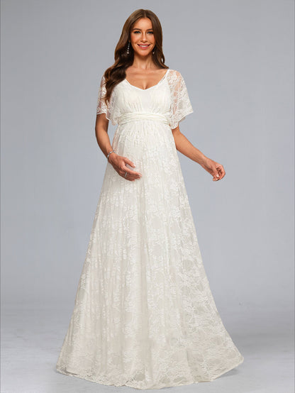 Robe de Mariée de Maternité en Dentelle Ligne A/Princesse, Col en V & Manches Courtes, Longueur Sol
