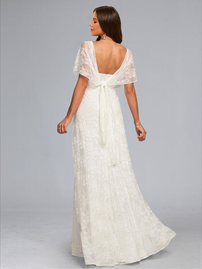 Robe de Mariée de Maternité en Dentelle Ligne A/Princesse, Col en V & Manches Courtes, Longueur Sol