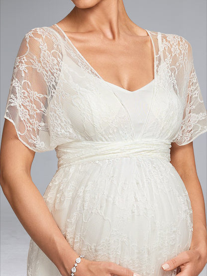Robe de Mariée de Maternité en Dentelle Ligne A/Princesse, Col en V & Manches Courtes, Longueur Sol