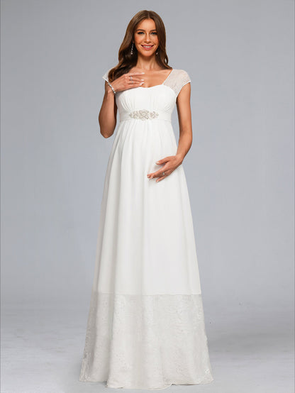 Robe de Mariée de Maternité en Mousseline Ligne A/Princesse, Col Carré, Longueur Sol, avec Dentelle