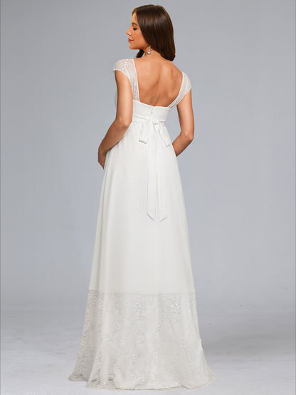 Robe de Mariée de Maternité en Mousseline Ligne A/Princesse, Col Carré, Longueur Sol, avec Dentelle