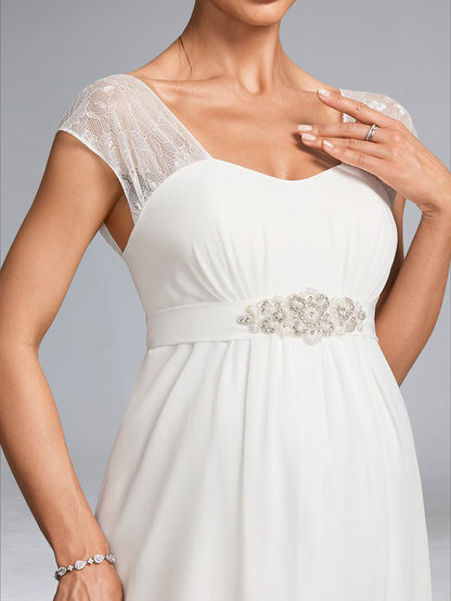Robe de Mariée de Maternité en Mousseline Ligne A/Princesse, Col Carré, Longueur Sol, avec Dentelle