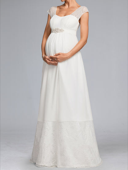 Robe de Mariée de Maternité en Mousseline Ligne A/Princesse, Col Carré, Longueur Sol, avec Dentelle