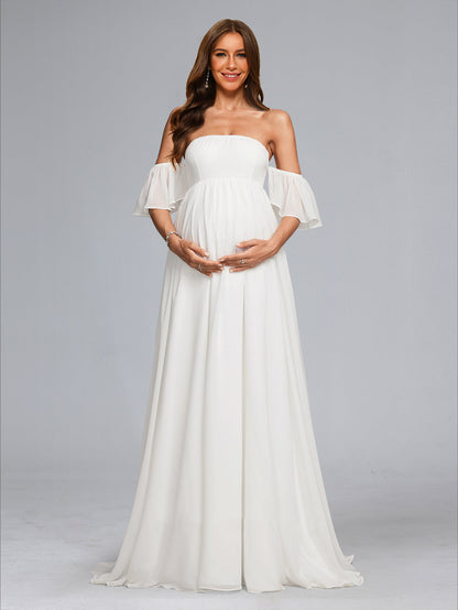Robe de Mariée de Maternité en Mousseline Ligne A/Princesse Sans Bretelles, Traîne Balai