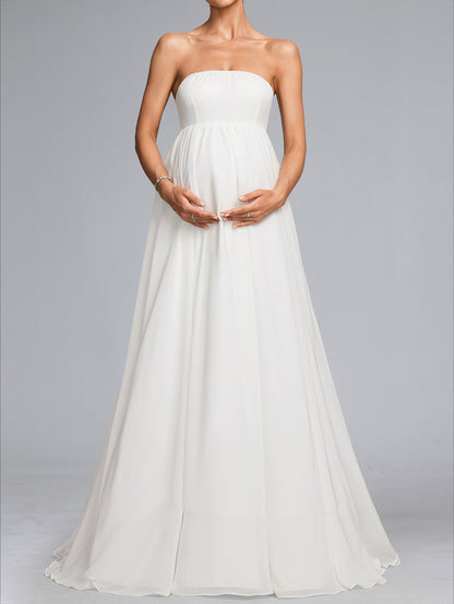 Robe de Mariée de Maternité en Mousseline Ligne A/Princesse Sans Bretelles, Traîne Balai