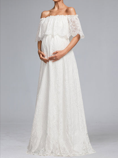 Robe de Mariée de Maternité en Dentelle Ligne A/Princesse, Épaules Dénudées, Longueur Sol