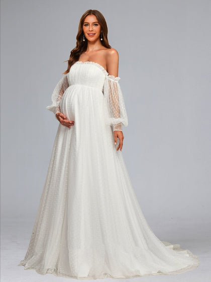 Ligne A/Princesse Sans Bretelles Tulle Traîne Balayette Robe de Mariée Maternité avec Manches Amovibles