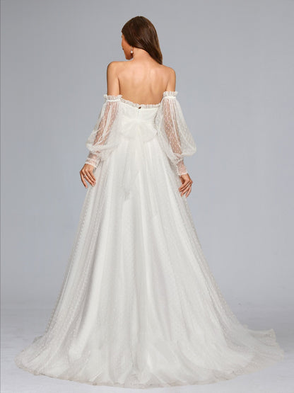 Robe de Mariée de Maternité en Tulle Ligne A/Princesse Sans Bretelles, Traîne Balai & Manches Amovibles