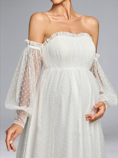 Robe de Mariée de Maternité en Tulle Ligne A/Princesse Sans Bretelles, Traîne Balai & Manches Amovibles