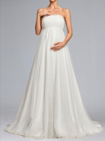 Robe de Mariée de Maternité en Tulle Ligne A/Princesse Sans Bretelles, Traîne Balai & Manches Amovibles