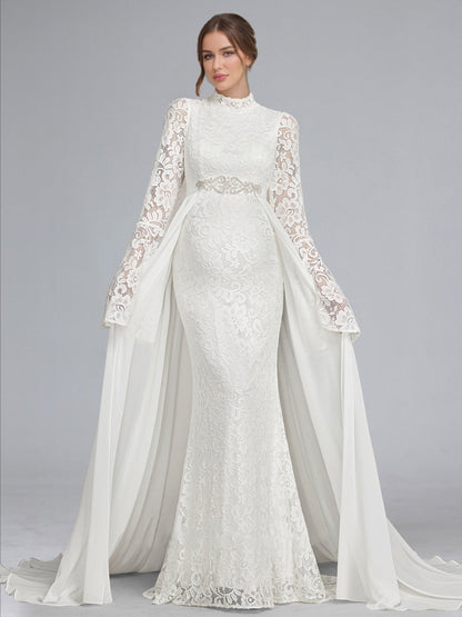 Robe de Mariée de Maternité en Dentelle Trompette/Sirène, Col Haut & Manches Longues, Traîne Balai & Surjupe