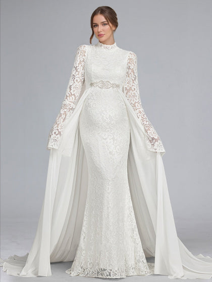 Trompette/Sirène Col Haut Dentelle Traîne Balayette Manches Longues Robe de Mariée Maternité avec Traîne de Taille