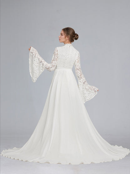Robe de Mariée de Maternité en Dentelle Trompette/Sirène, Col Haut & Manches Longues, Traîne Balai & Surjupe