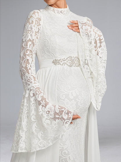 Robe de Mariée de Maternité en Dentelle Trompette/Sirène, Col Haut & Manches Longues, Traîne Balai & Surjupe