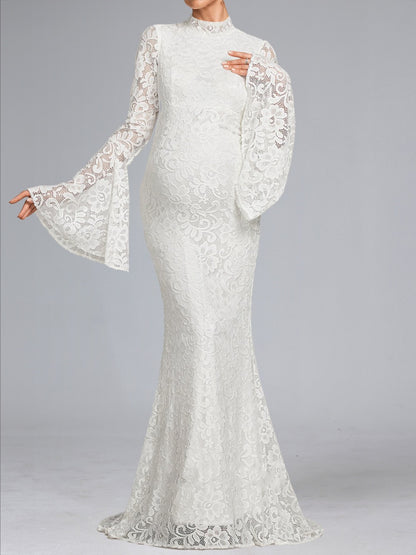 Robe de Mariée de Maternité en Dentelle Trompette/Sirène, Col Haut & Manches Longues, Traîne Balai & Surjupe