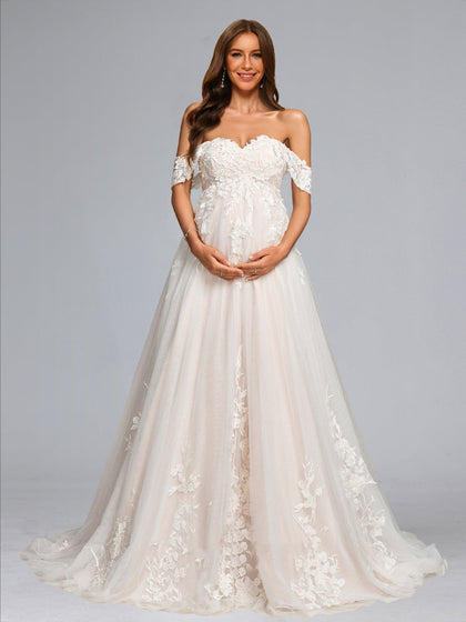 Ligne A/Princesse Hors de L'épaule Tulle Traîne Balayette Robe de Mariée Maternité avec Appliques