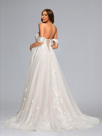 Robe de Mariée de Maternité en Tulle Ligne A/Princesse, Épaules Dénudées, Traîne Balai avec Appliques