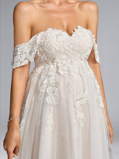 Robe de Mariée de Maternité en Tulle Ligne A/Princesse, Épaules Dénudées, Traîne Balai avec Appliques