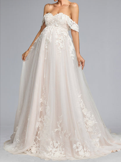 Robe de Mariée de Maternité en Tulle Ligne A/Princesse, Épaules Dénudées, Traîne Balai avec Appliques